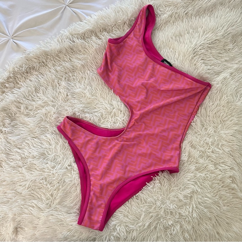 FAUX BRANDED ONE PIECE CUT OUT BATHING SUIT